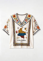 Boho Colombia Ethnic Map Floral V-Neck Blouse