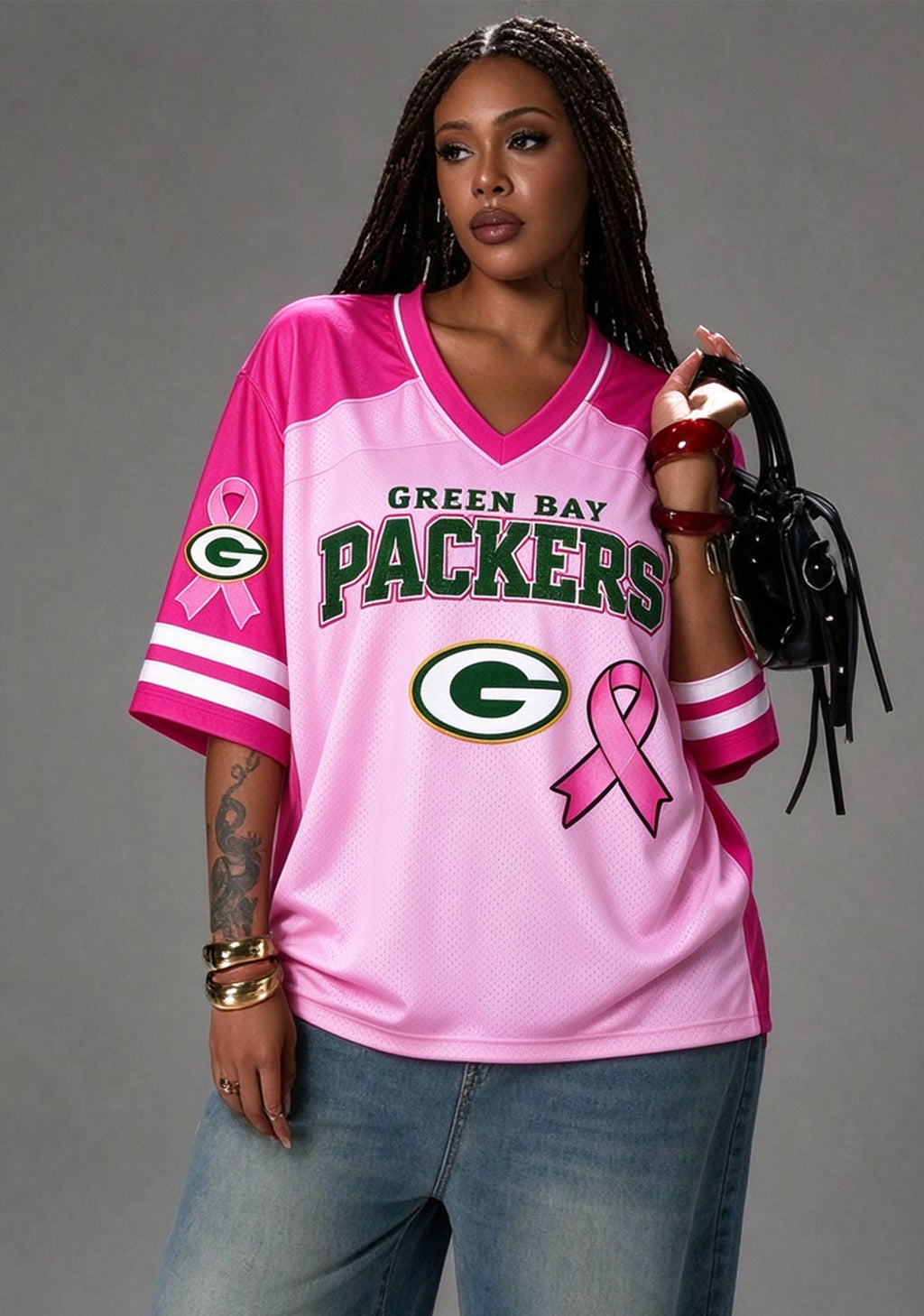 Women Green Bay Packers Breast Cancer Awareness Pink Ribbon Mesh Jersey