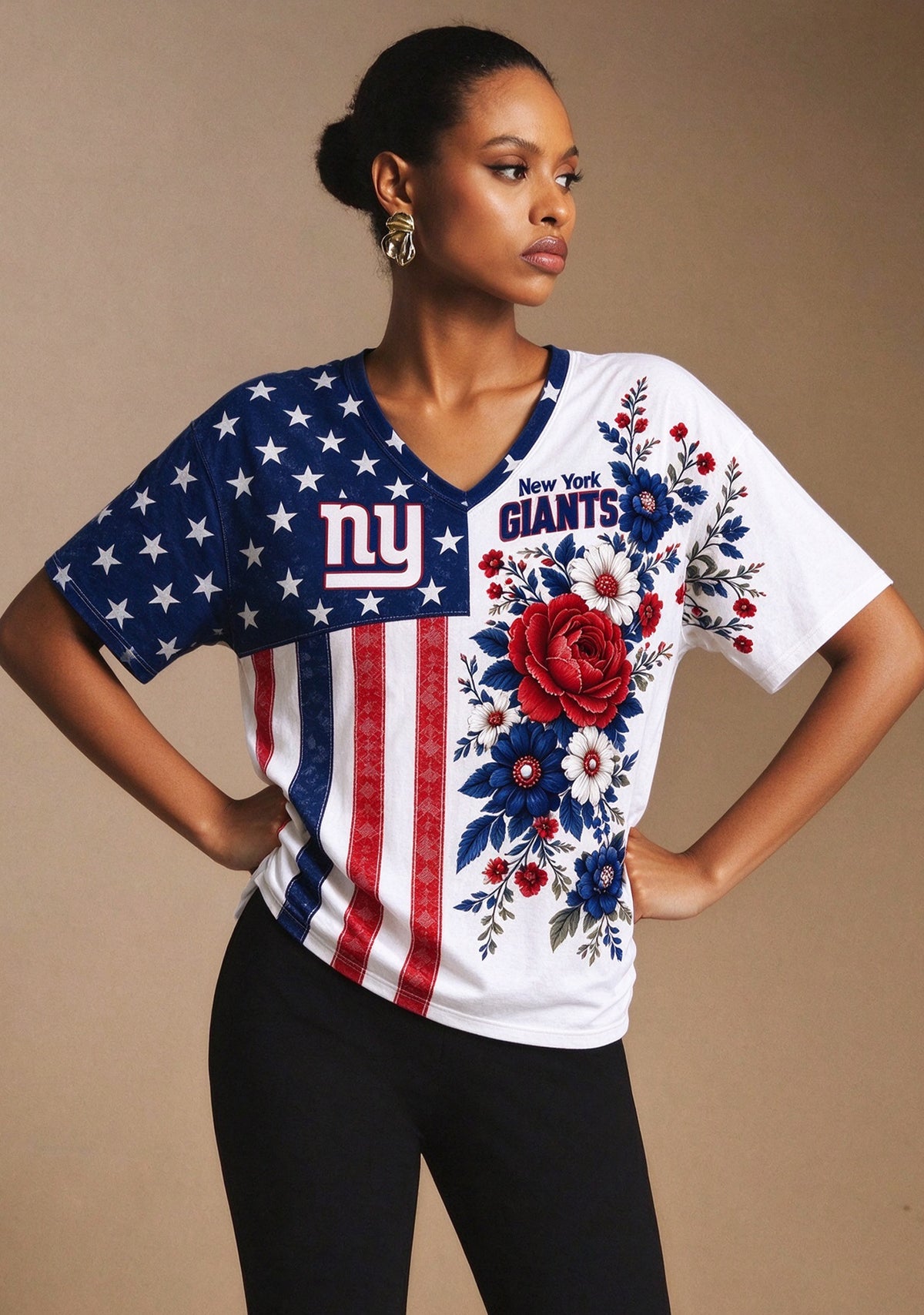 Women's New York Giants American Flag Floral V-Neck T-Shirt Main image