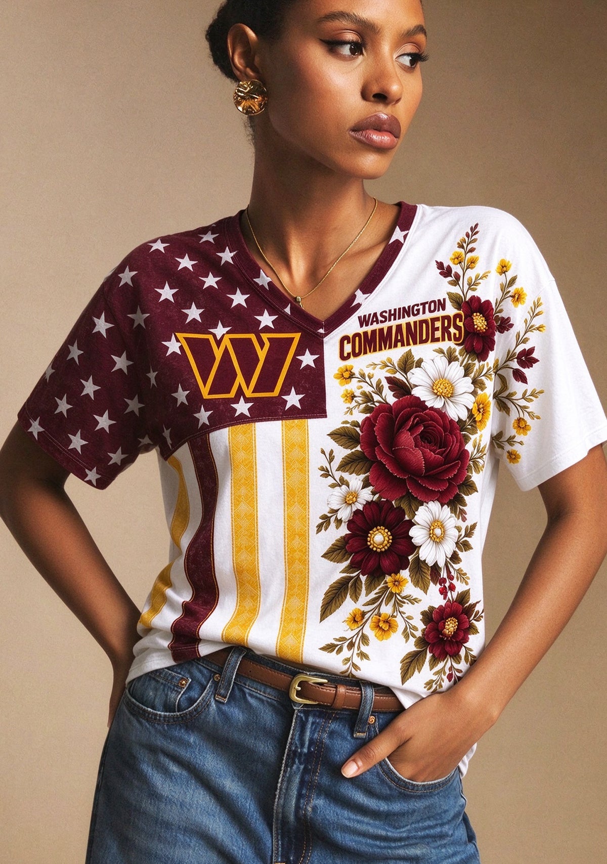 Women's Washington Commanders American Flag Floral V-Neck T-Shirt Main image