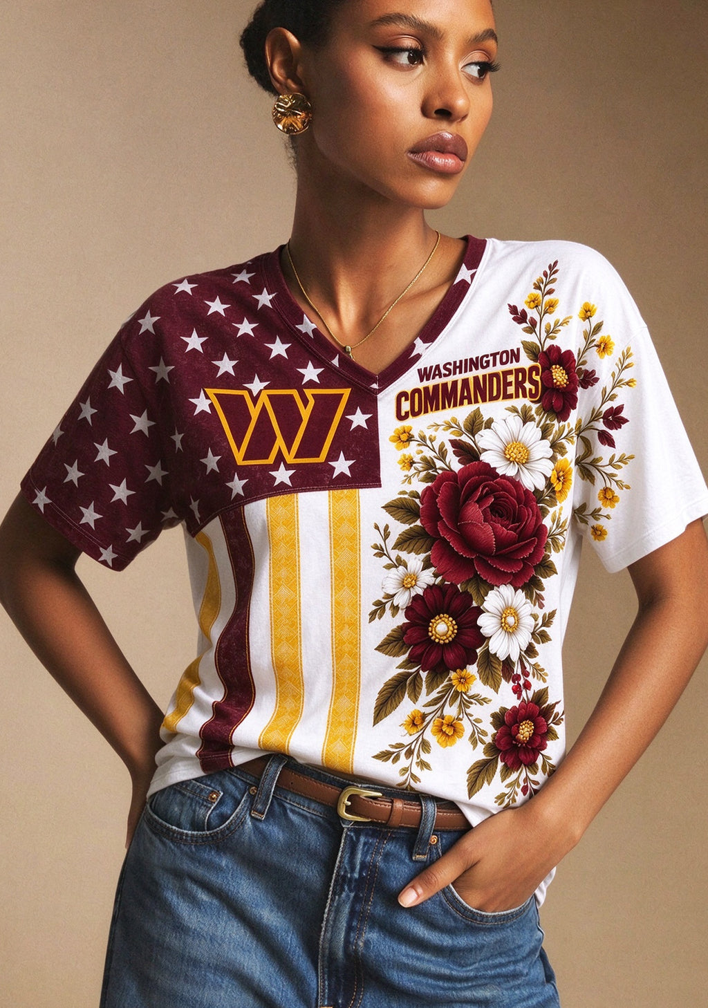 Women's Washington Commanders American Flag Floral V-Neck T-Shirt