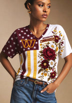 Women's Washington Commanders American Flag Floral V-Neck T-Shirt