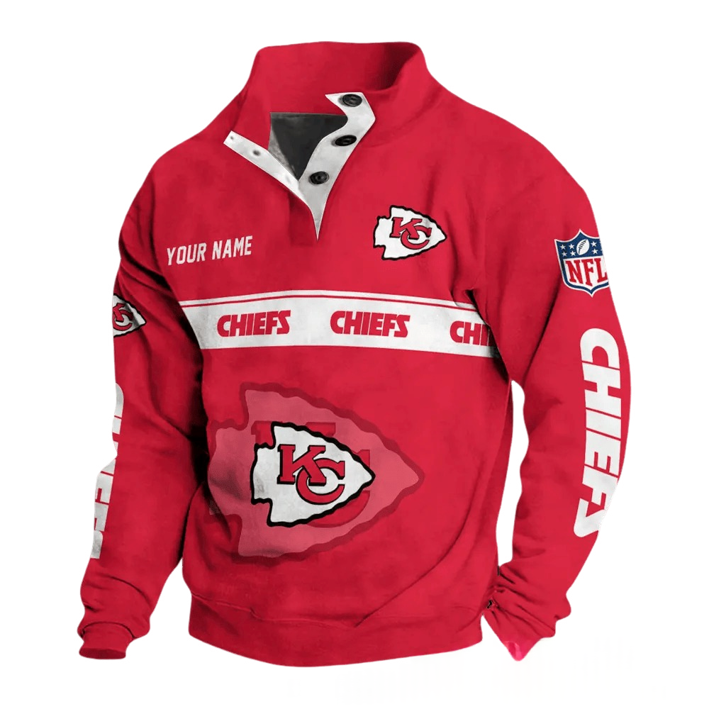 Kansas City Chiefs Red Custom Button Mock Neck Sweatshirt