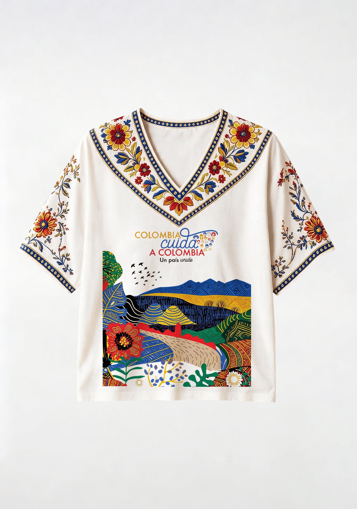 Colombian Folk Ethnic Floral V-Neck Blouse Main image
