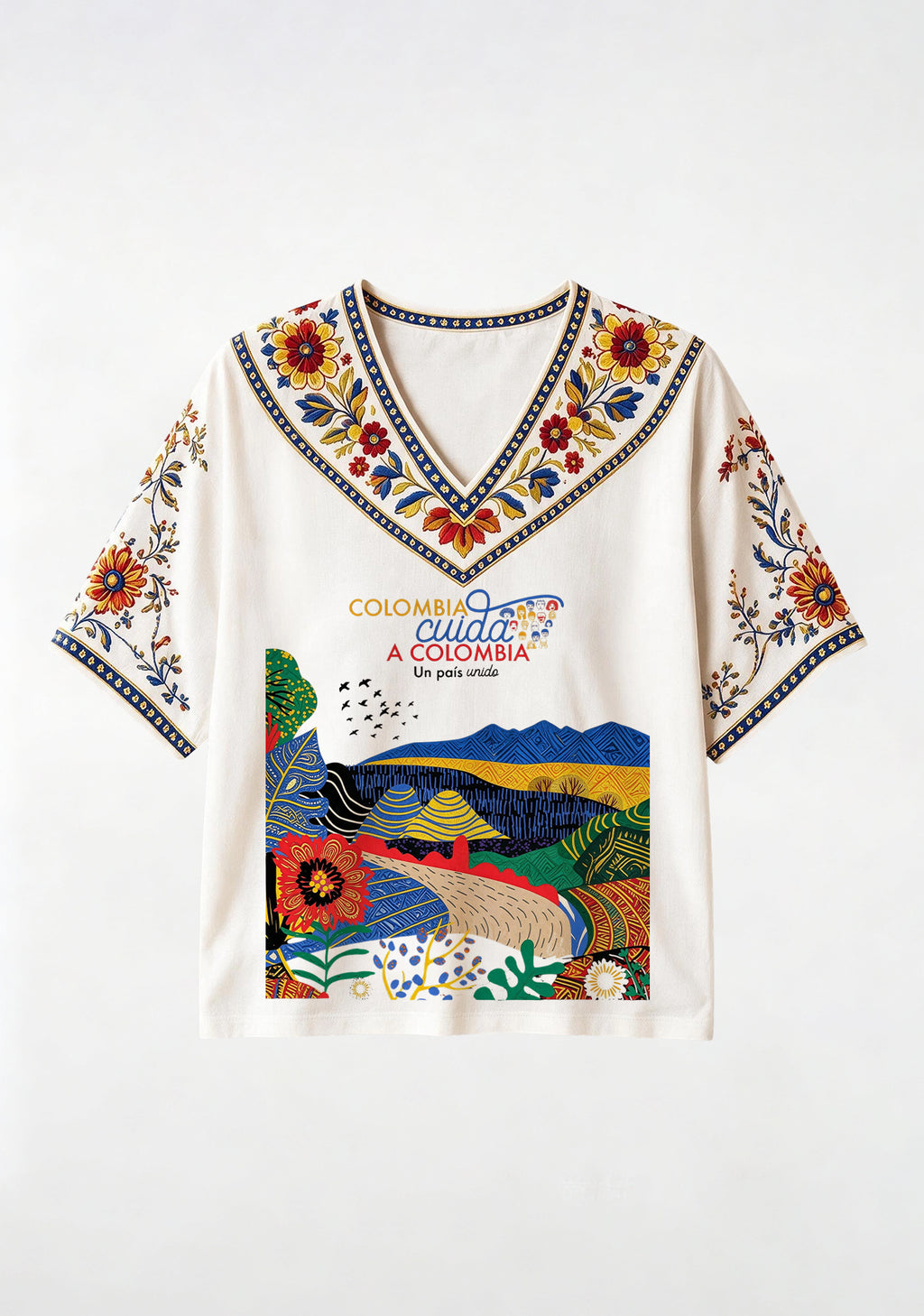 Colombian Folk Ethnic Floral V-Neck Blouse