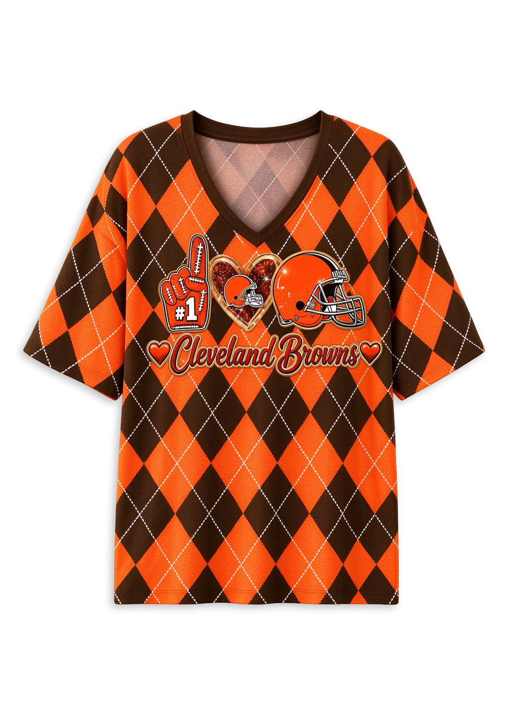 Women's Cleveland Browns Argyle #1 Fan Heart Helmet V-Neck T-Shirt