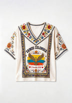 Colombian Folk Eagle Ethnic Floral V-Neck Blouse