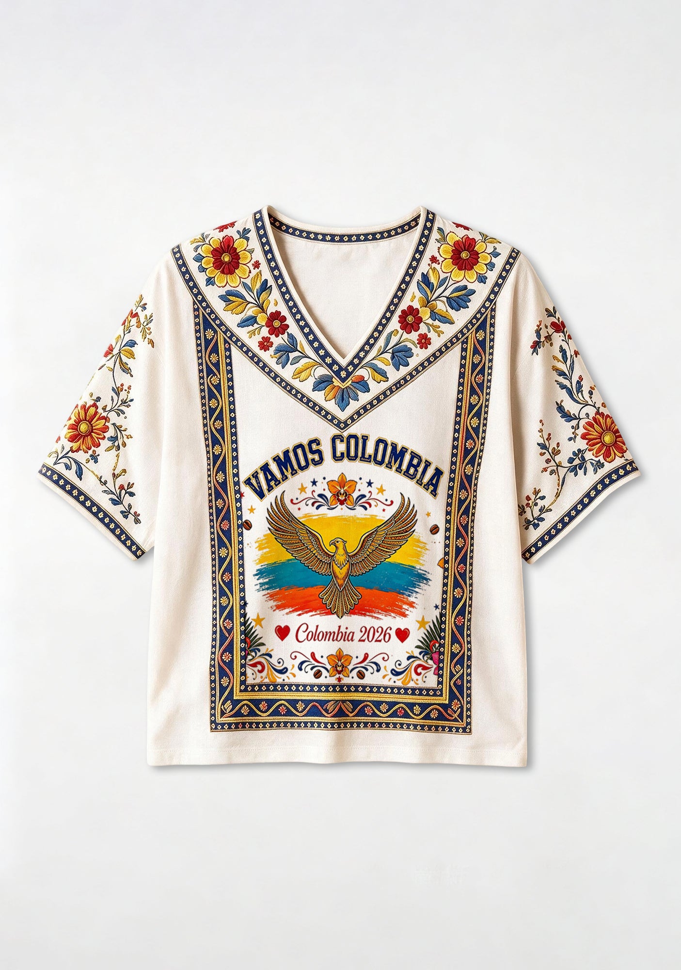 Colombian Folk Eagle Ethnic Floral V-Neck Blouse