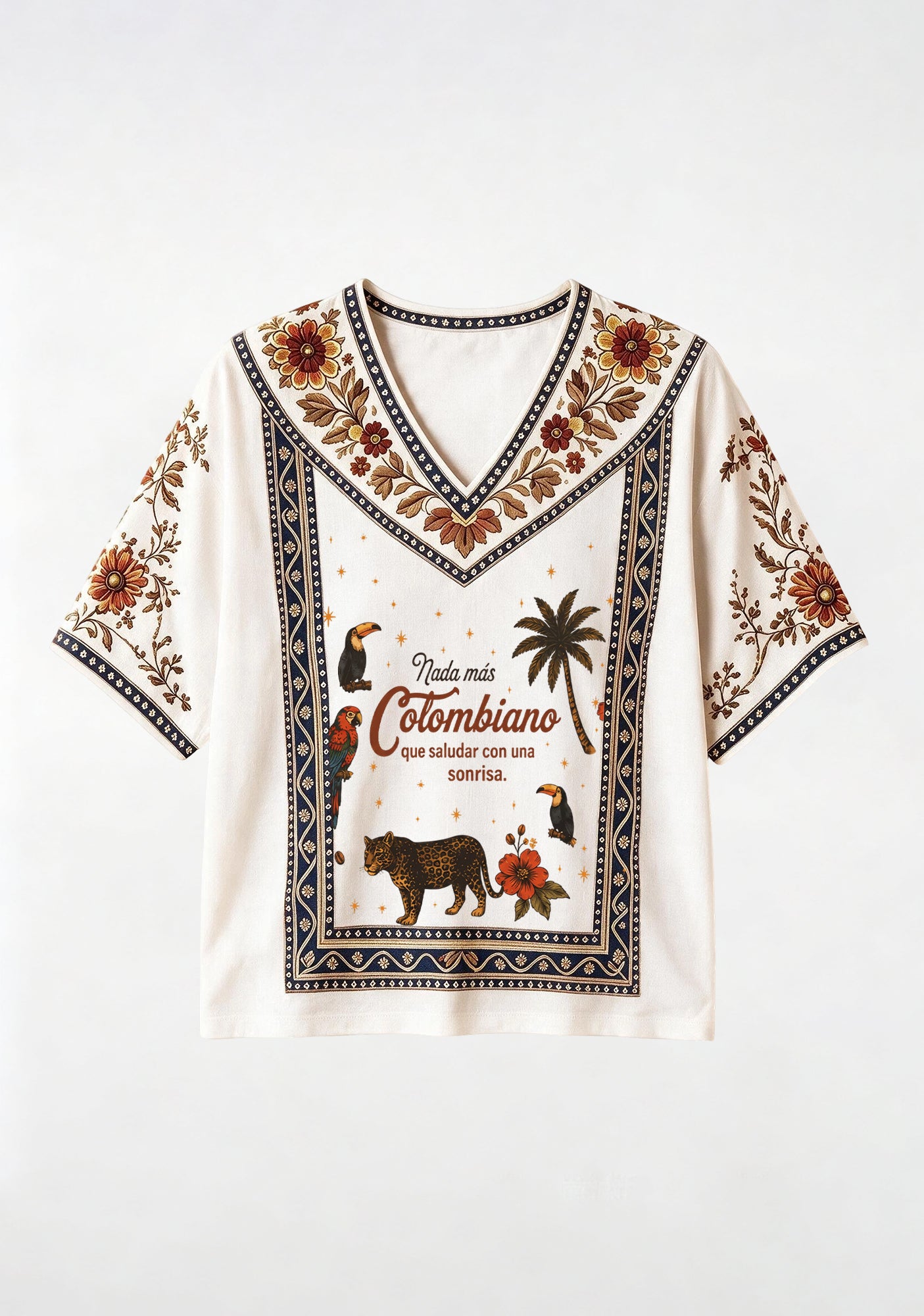 Colombian Tropical Wildlife Ethnic Floral V-Neck Blouse Main image