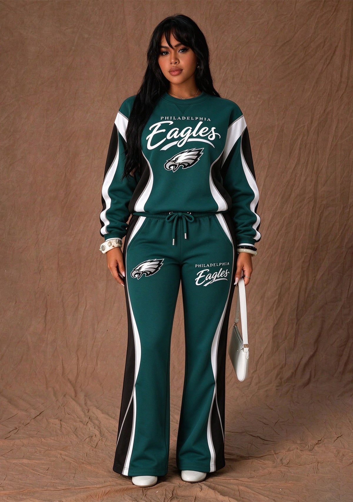 Women's Philadelphia Eagles Crewneck Sweatshirt & Flared Pants 2 Piece Set
