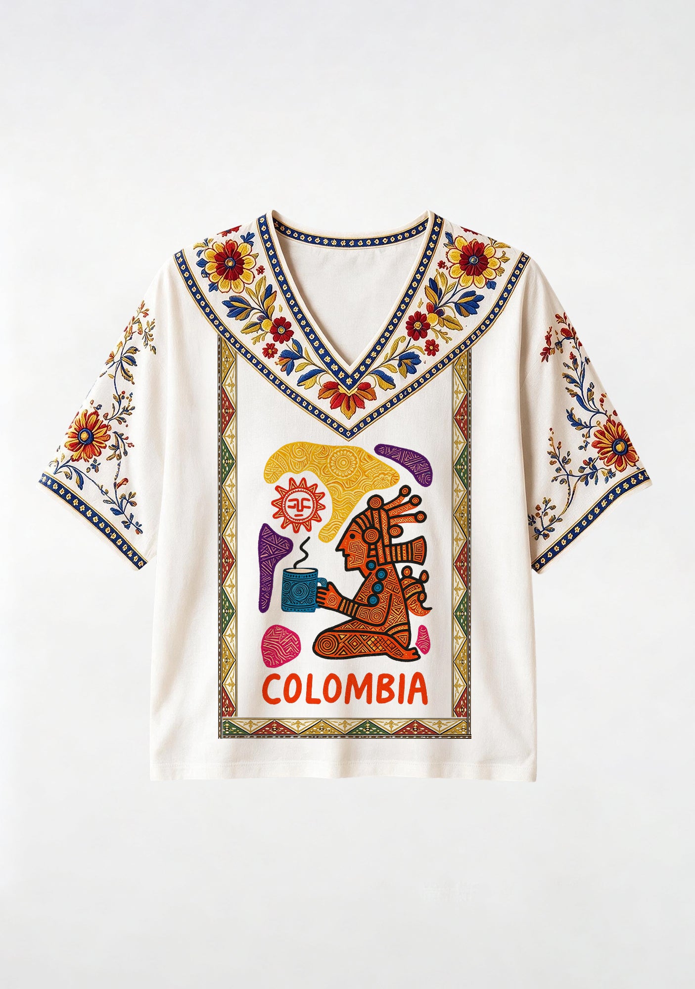 Colombian Indigenous Tribal Folk Art Floral V-Neck Blouse Main image