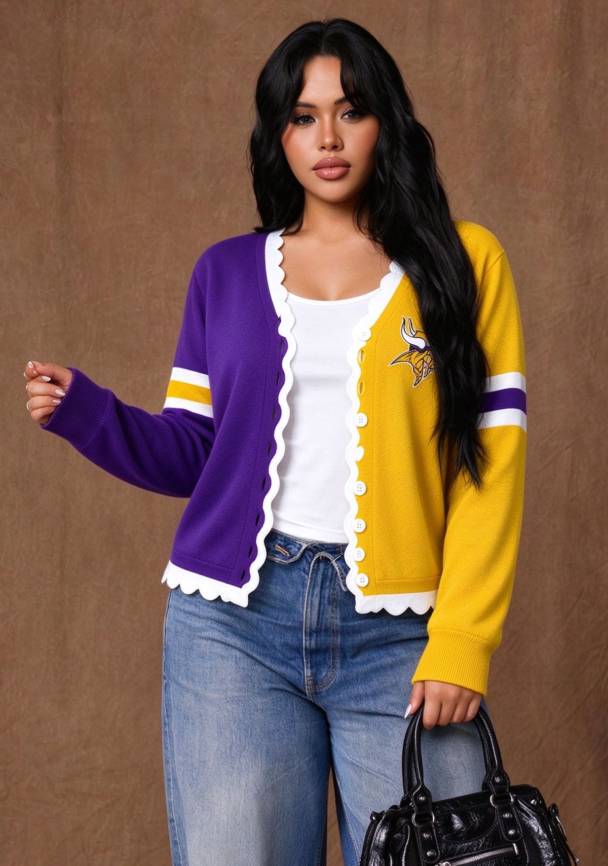 Women's Minnesota Vikings Color Block Scalloped Trim V-Neck Button Cardigan Main image