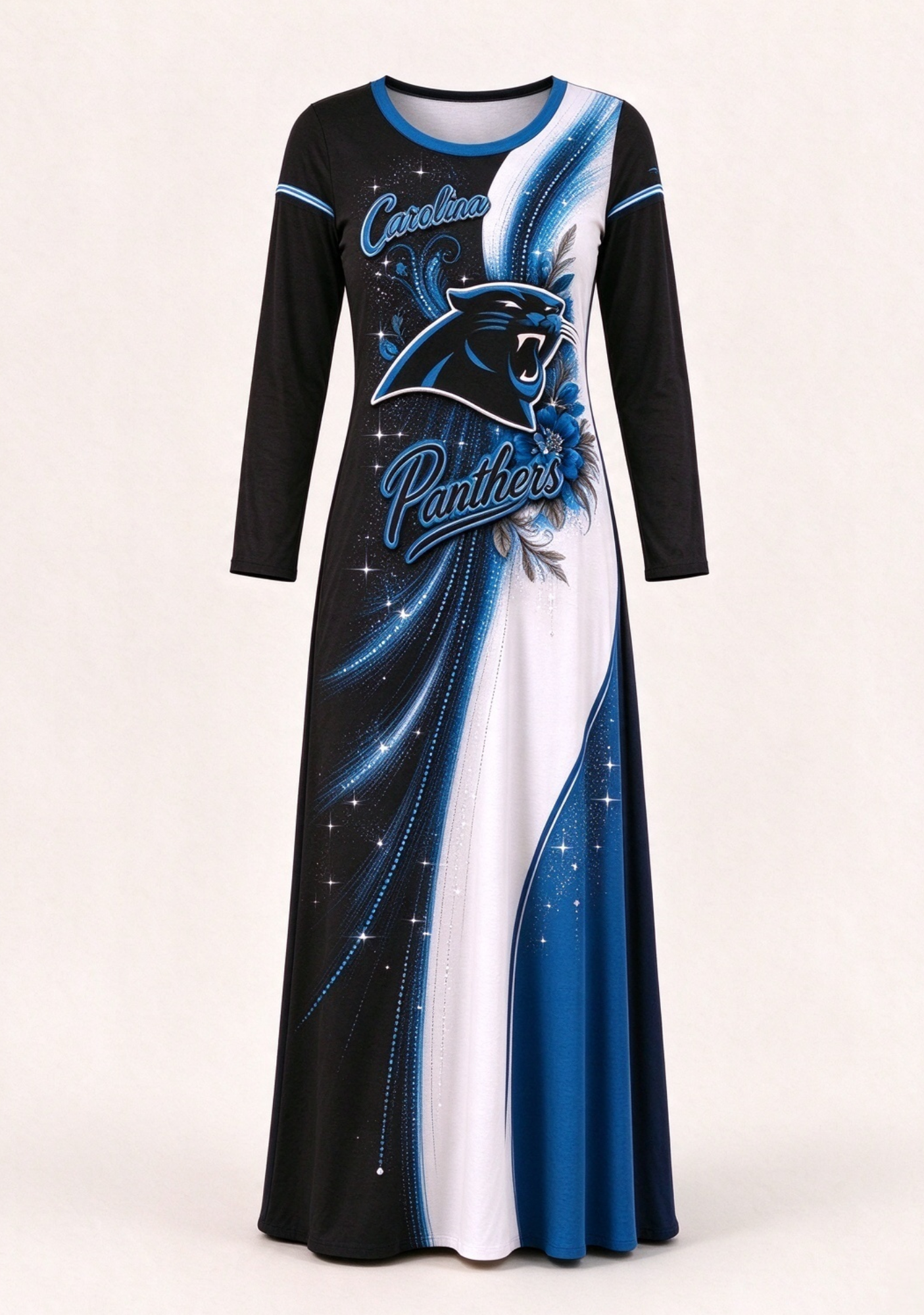 Women Carolina Panthers Print Long Sleeve Maxi Dress Secondary image