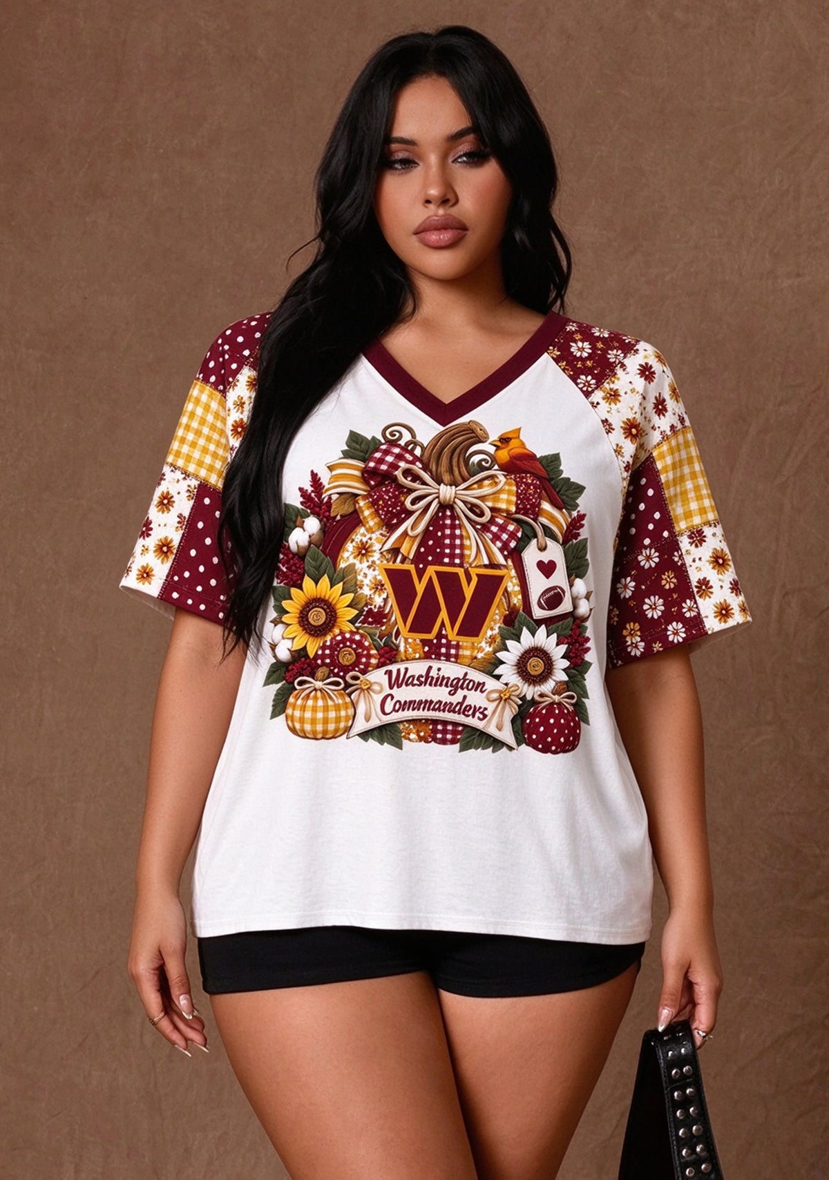 Women's Washington Commanders Patchwork Sleeve V-Neck Raglan T-Shirt