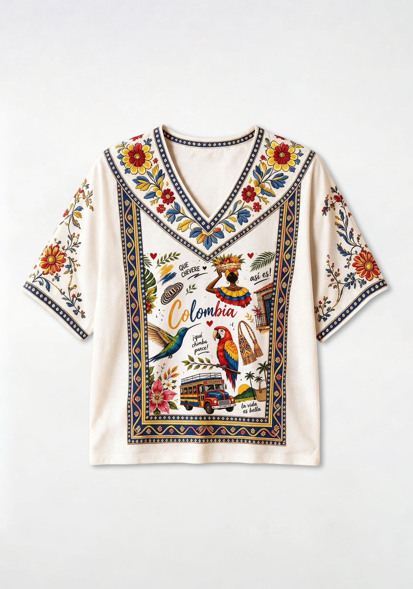 Colombian Cultural Scenery Tropical Floral V-Neck Blouse Main image