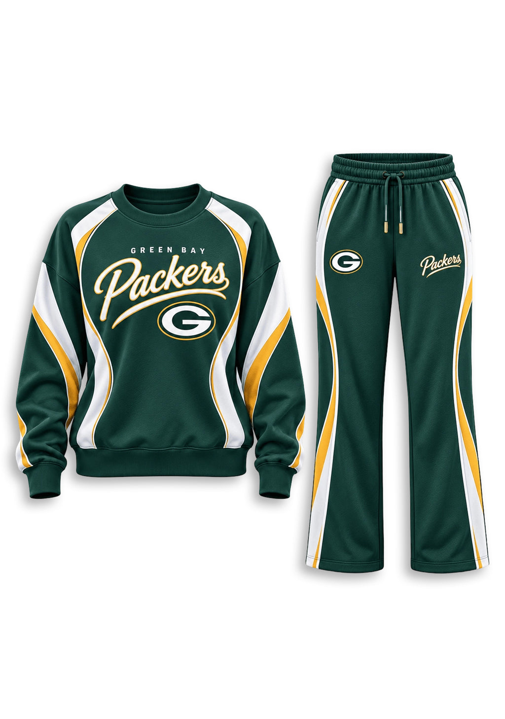 Women's Green Bay Packers Crewneck Sweatshirt & Flared Pants 2 Piece Set