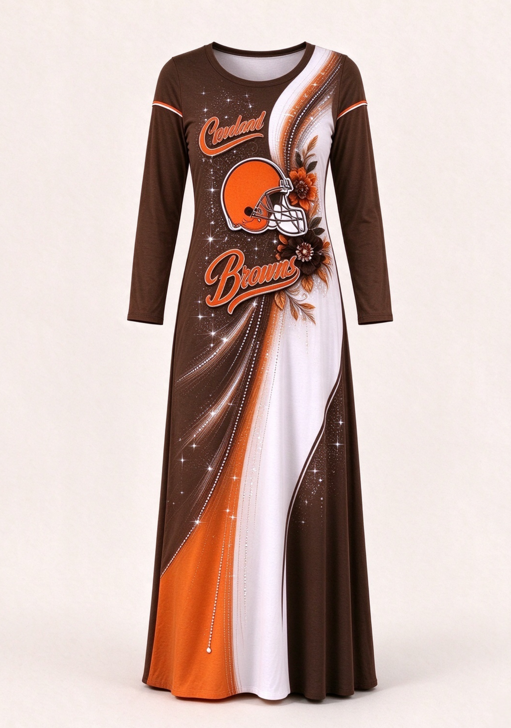 Women Cleveland Browns Print Long Sleeve Maxi Dress