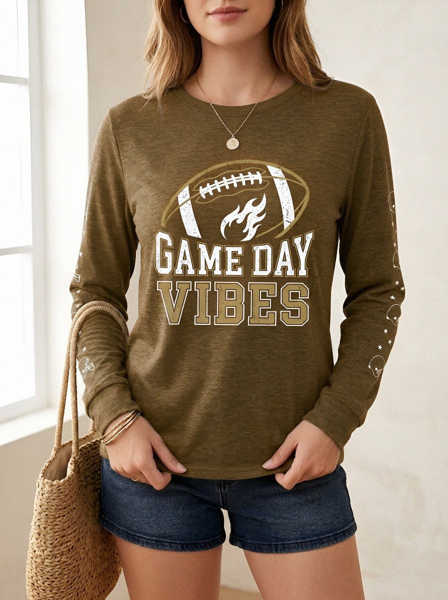 Women's Football Fan Game Day Vibes Graphic Printed Long Sleeve T-Shirt