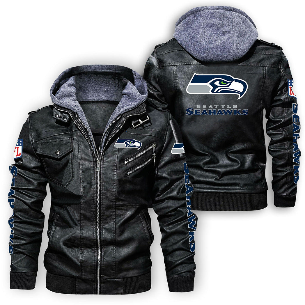 Seattle Seahawks Graphic PU Faux Leather Hooded Jacket