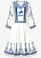 Detroit Lions Boho Floral Printed Game‑Day Midi Dress