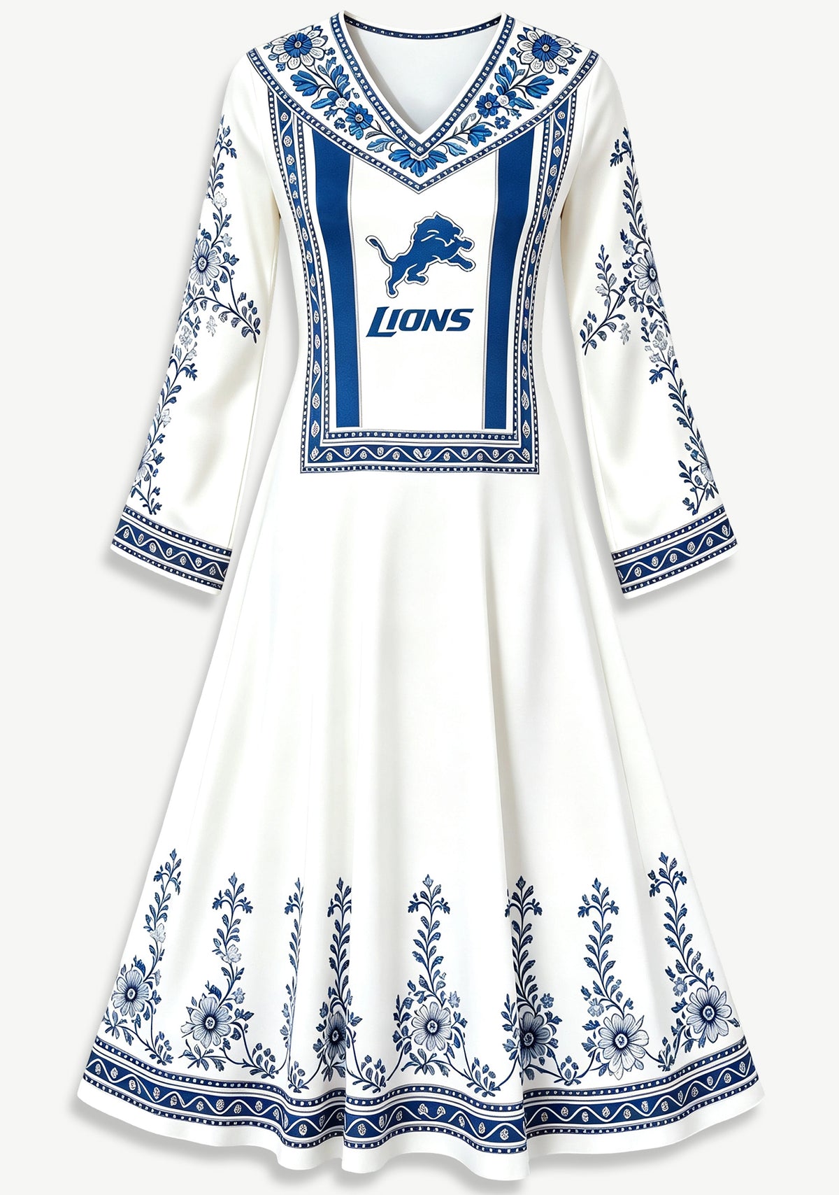 Detroit Lions Boho Floral Printed Game‑Day Midi Dress
