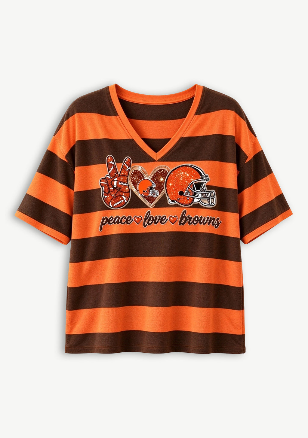 Women's Peace Love Cleveland Browns Football Striped V Neck T-Shirt
