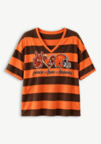 Women's Peace Love Cleveland Browns Football Striped V Neck T-Shirt