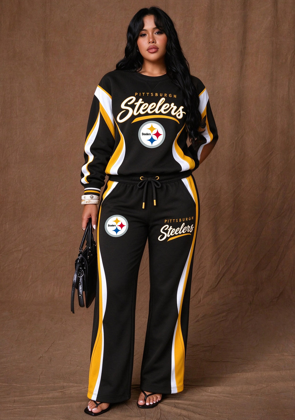 Women's Pittsburgh Steelers Crewneck Sweatshirt & Flared Pants 2 Piece Set