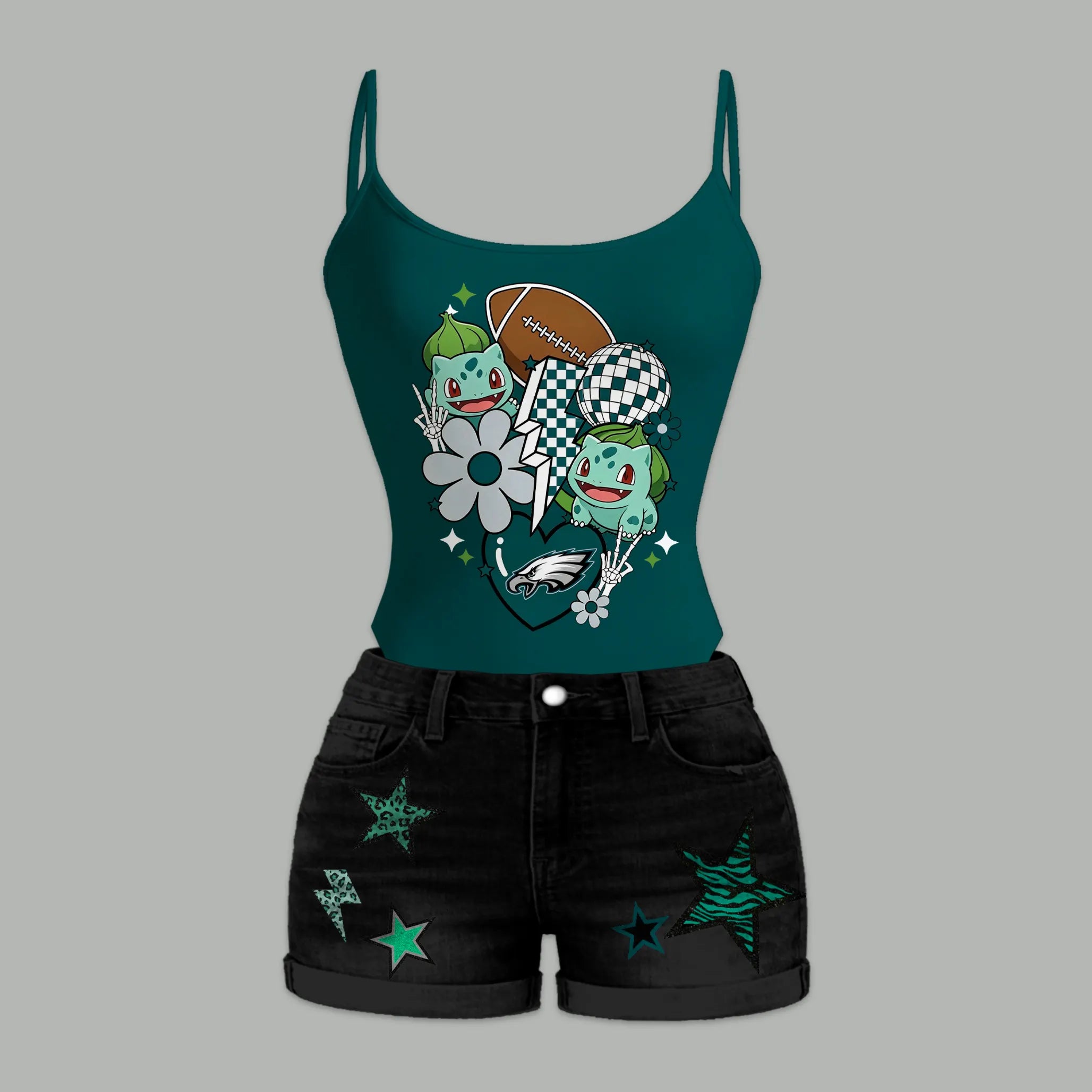 Philadelphia Eagles X Pokémon Bodysuit  & Stretch Black Denim Shorts Two-Piece Set