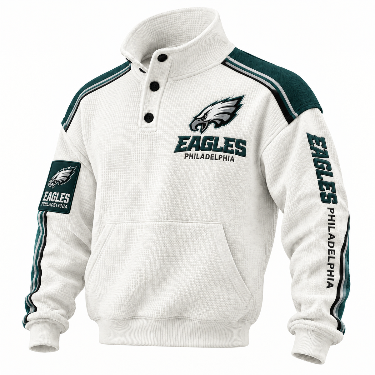 Philadelphia Eagles White Button Henley Stand Collar Waffle Pullover Sweatshirt