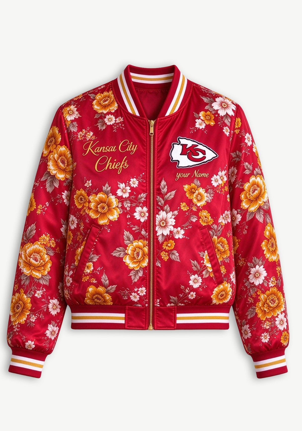 Women Kansas City Chiefs Floral Print Zip Up Jacket Custom Name For Fan