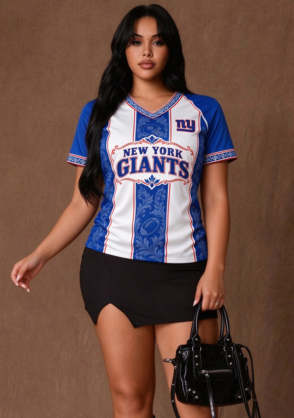 Women's New York Giants Floral Baroque Striped V-Neck T-Shirt