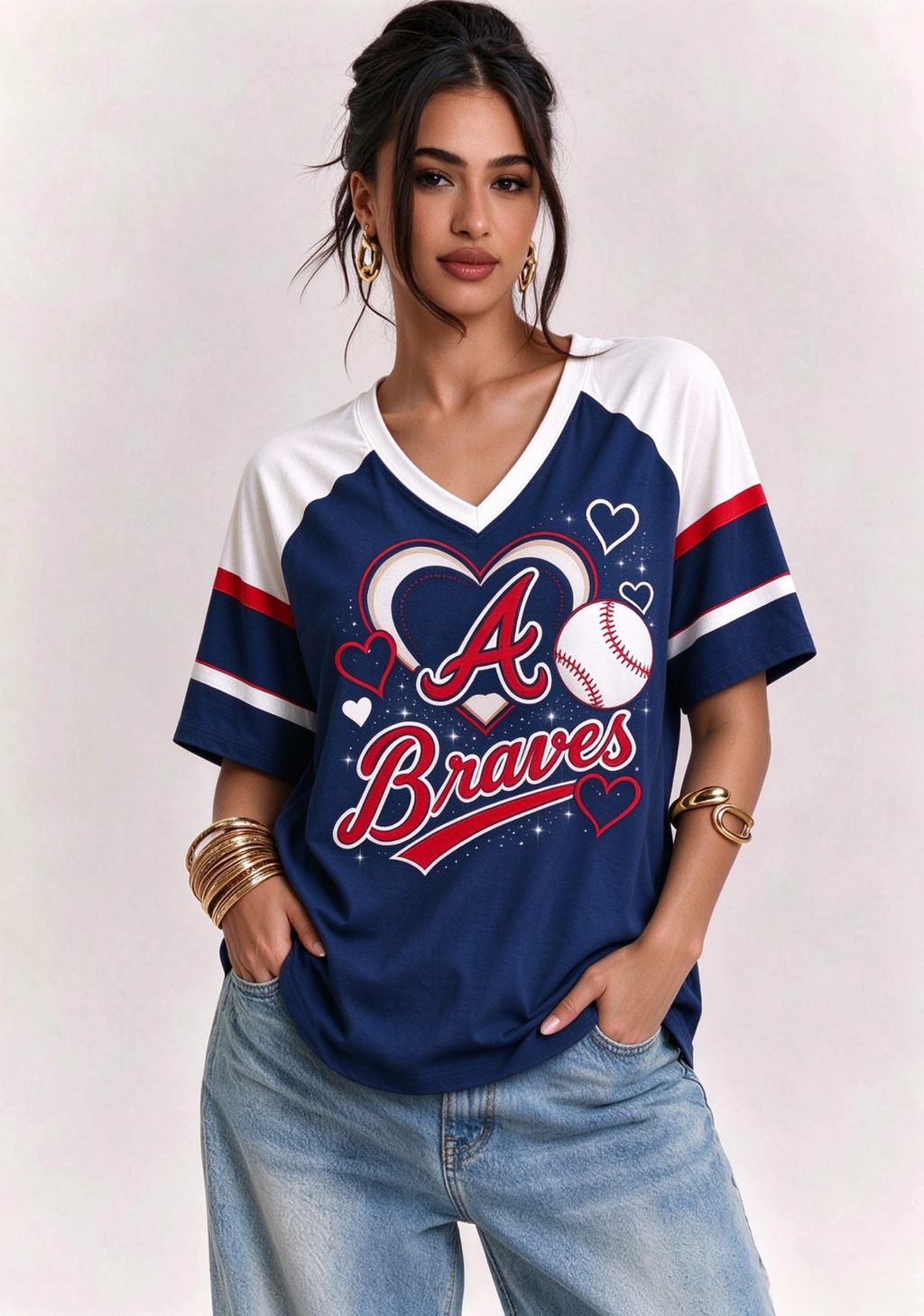Women Atlanta Braves Heart Baseball Graphic V-Neck T-Shirt