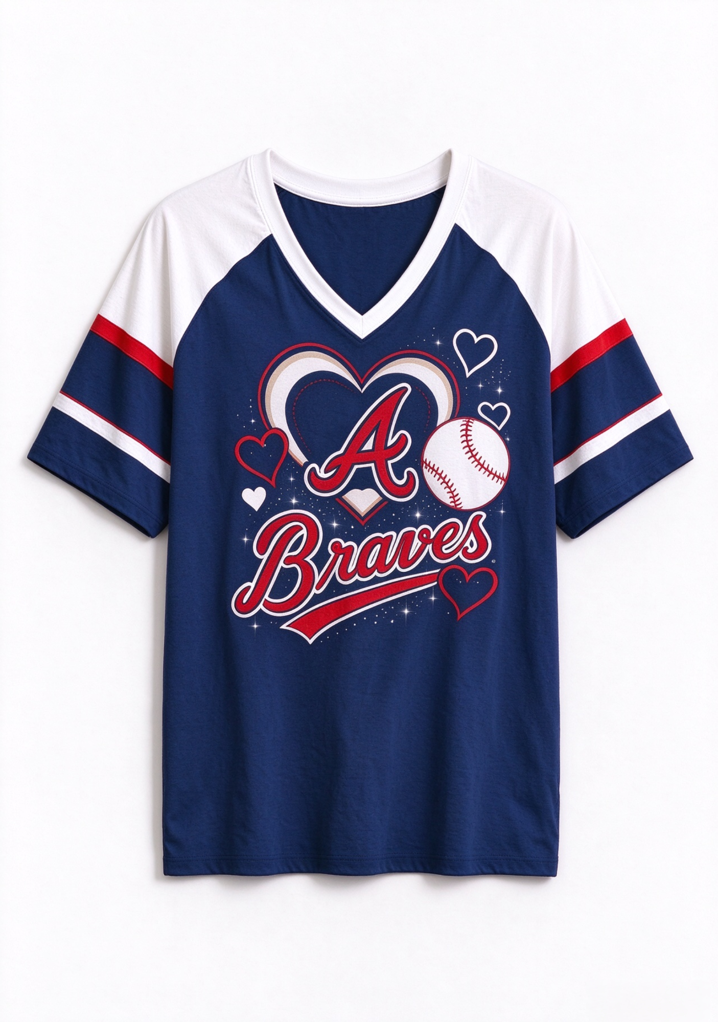 Women Atlanta Braves Heart Baseball Graphic V-Neck T-Shirt Secondary image