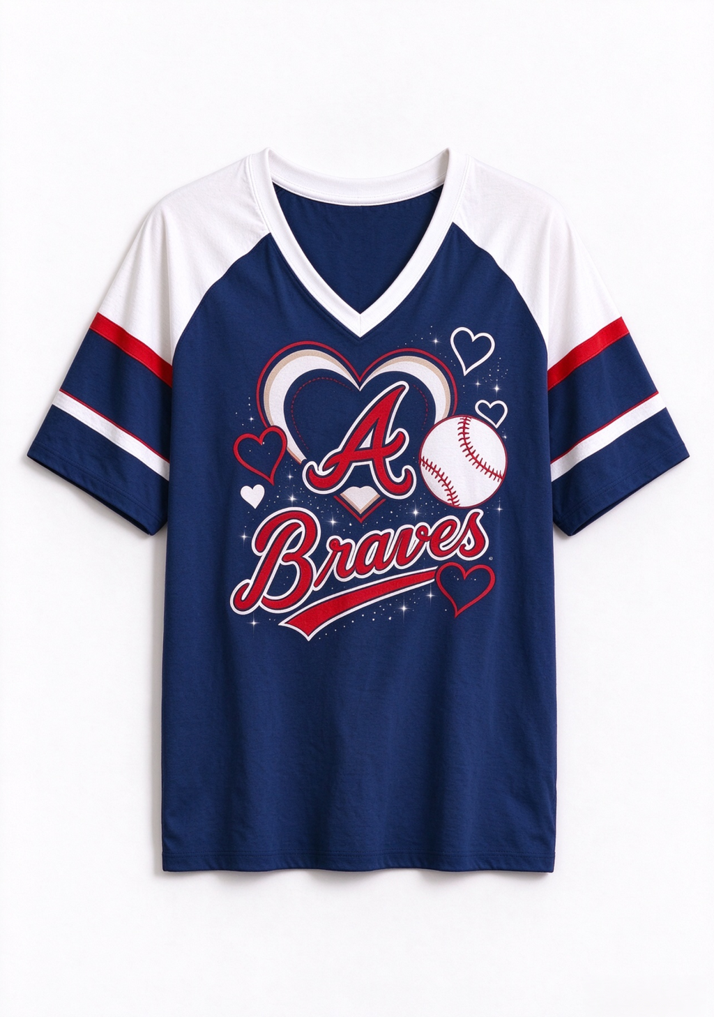 Women Atlanta Braves Heart Baseball Graphic V-Neck T-Shirt