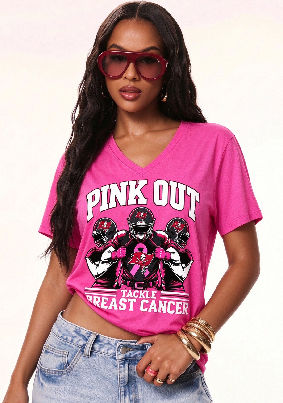 Tampa Bay Buccaneers Pink Out Tackle Breast Cancer Awareness V-Neck T-Shirt Main image