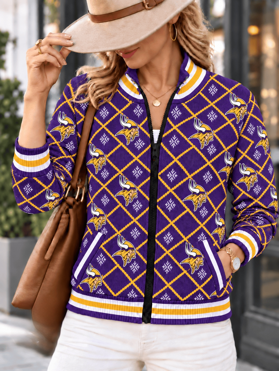Women's Minnesota Vikings Argyle Print Zip Up Varsity Jacket