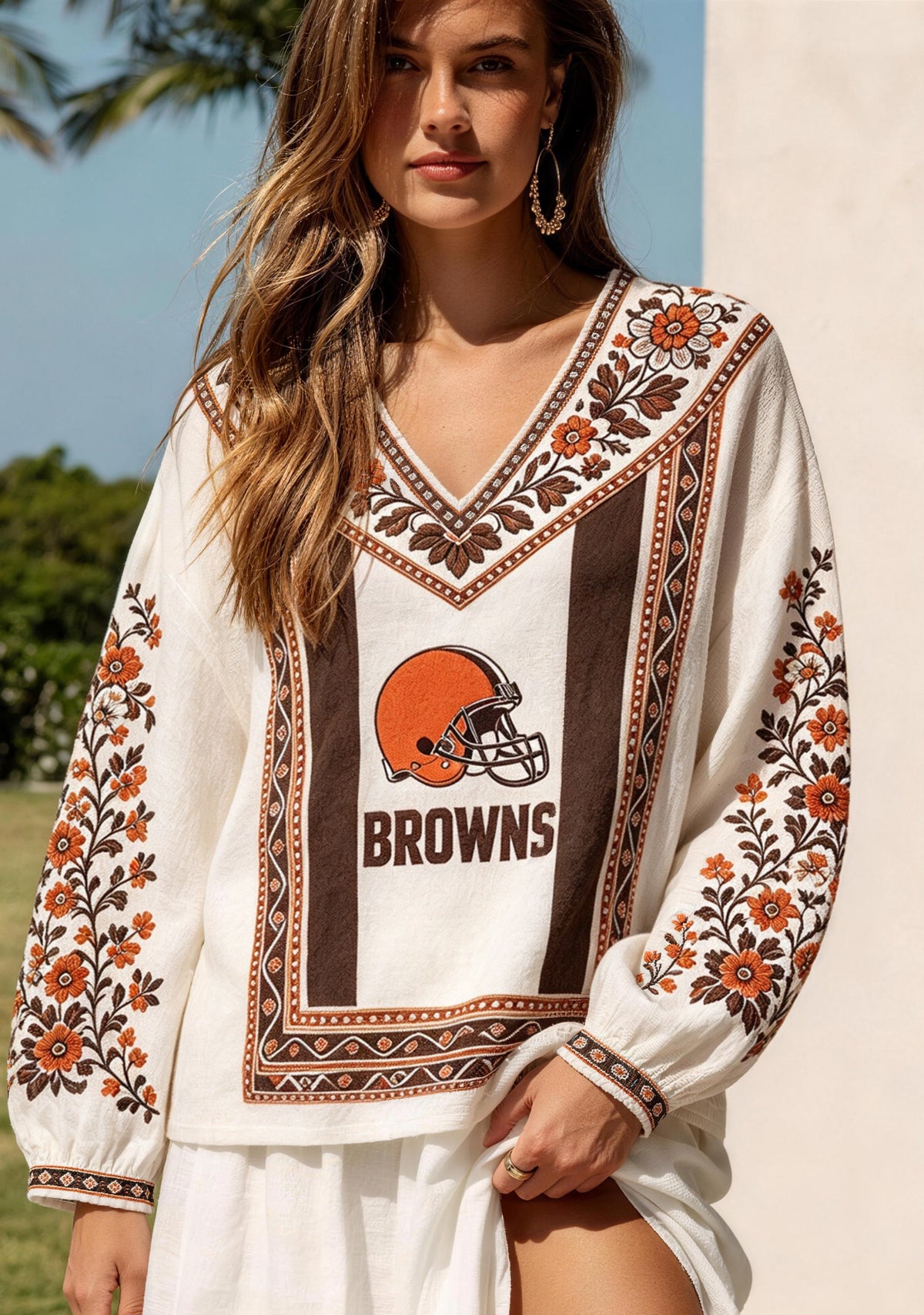 Cleveland Browns Bohemian Floral Printed V-Neck Long Sleeve Shirt Main image