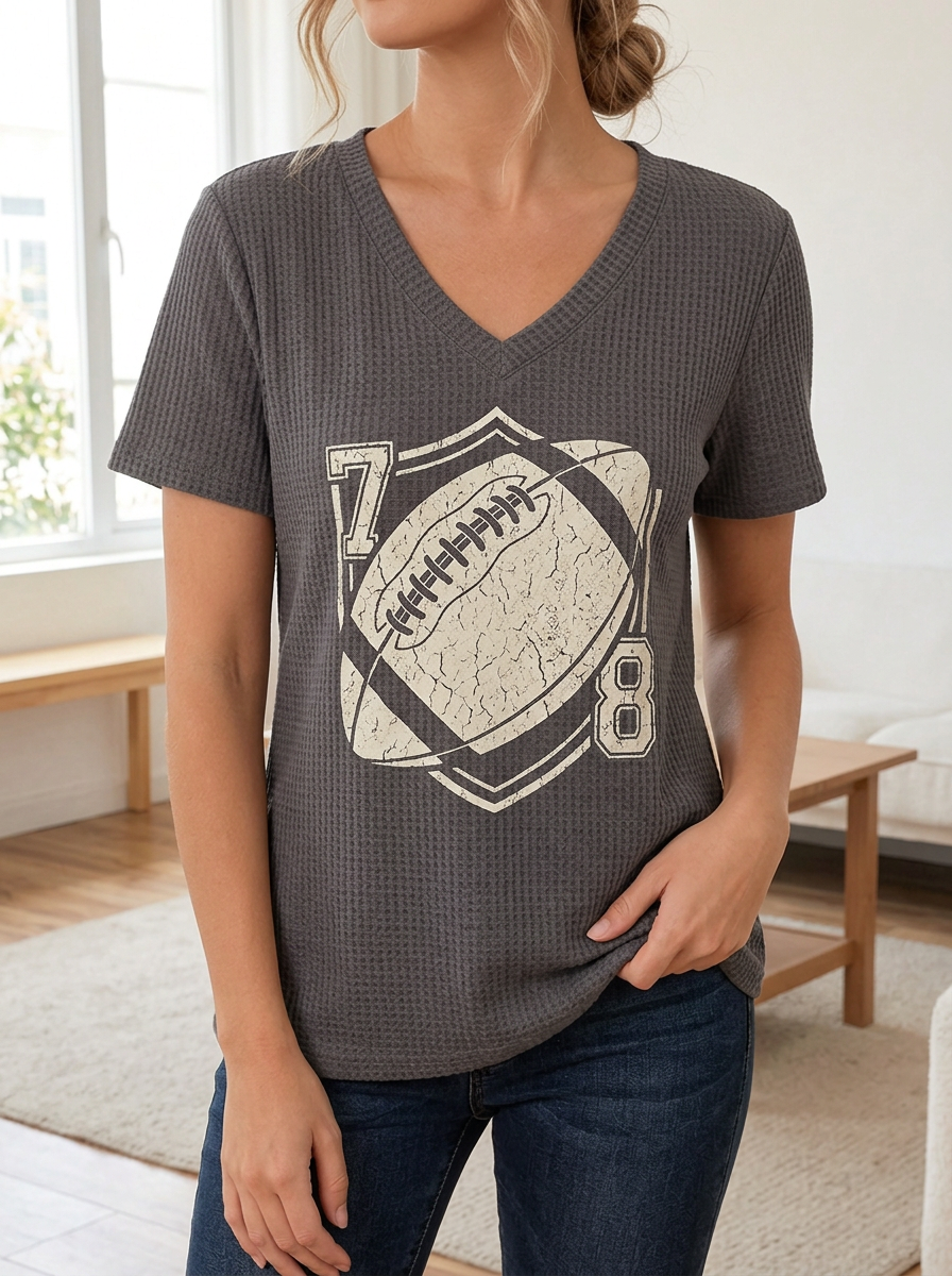 Women's Football Fan Distressed Number Printed Waffle Top