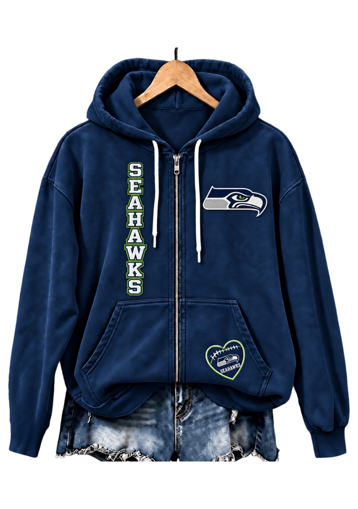 Seattle Seahawks Women Heart Football Graphic Zip Up Hoodie