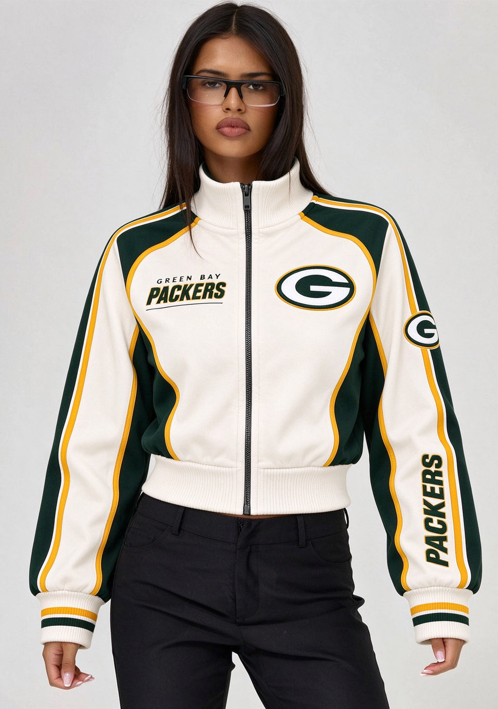 Women's Green Bay Packers Cropped Zip Up Track Jacket