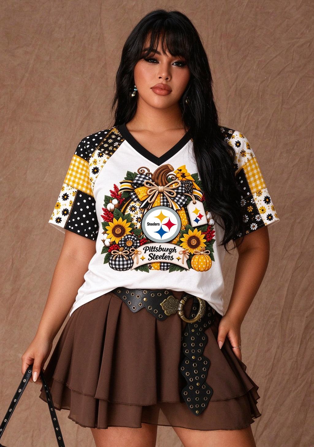 Women's Pittsburgh Steelers Patchwork Sleeve V-Neck Raglan T-Shirt