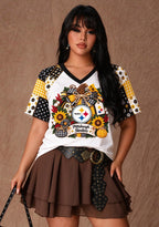 Women's Pittsburgh Steelers Patchwork Sleeve V-Neck Raglan T-Shirt