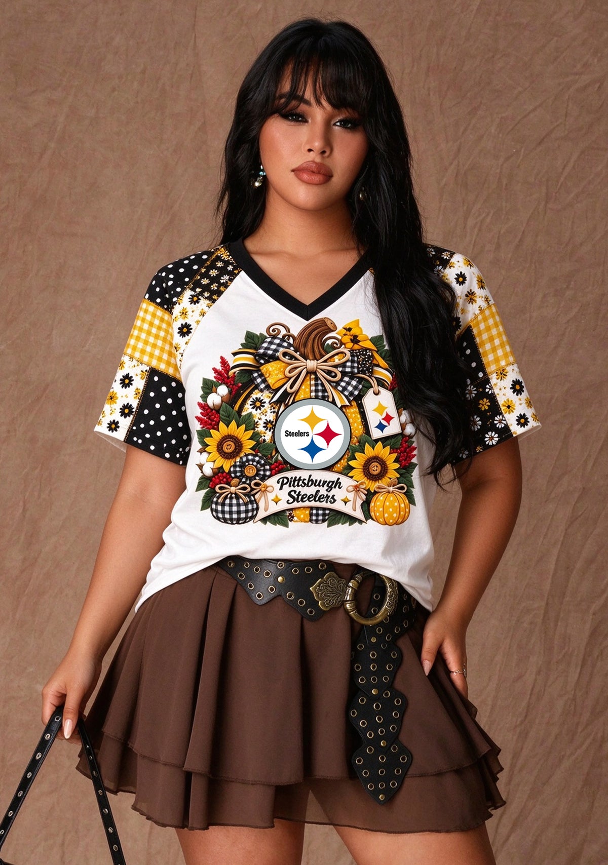 Women's Pittsburgh Steelers Patchwork Sleeve V-Neck Raglan T-Shirt