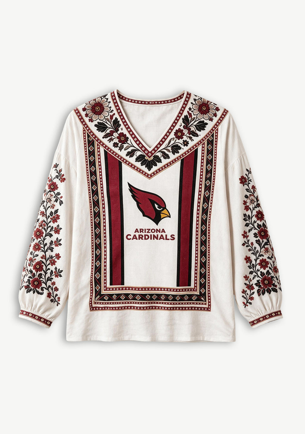 Arizona Cardinals Bohemian Floral Printed V-Neck Long Sleeve Shirt