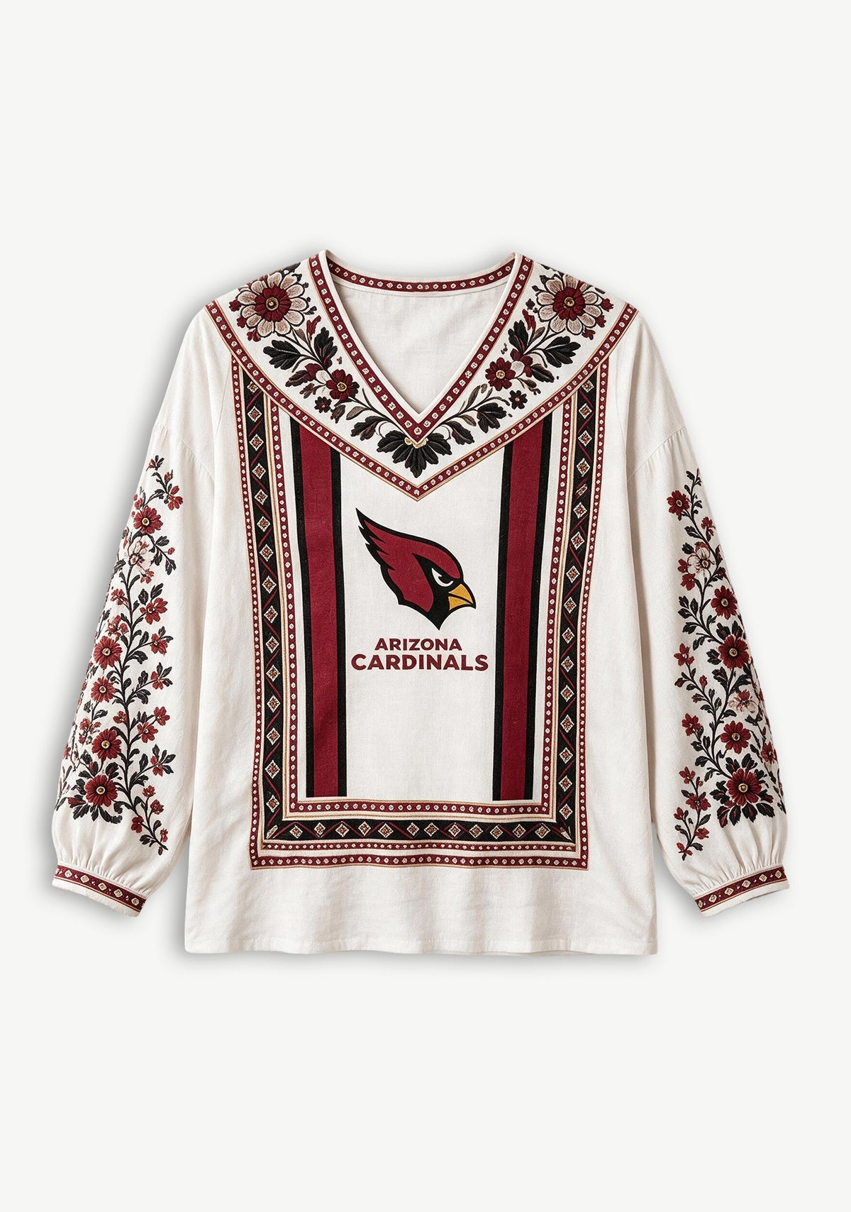 Arizona Cardinals Bohemian Floral Printed V-Neck Long Sleeve Shirt