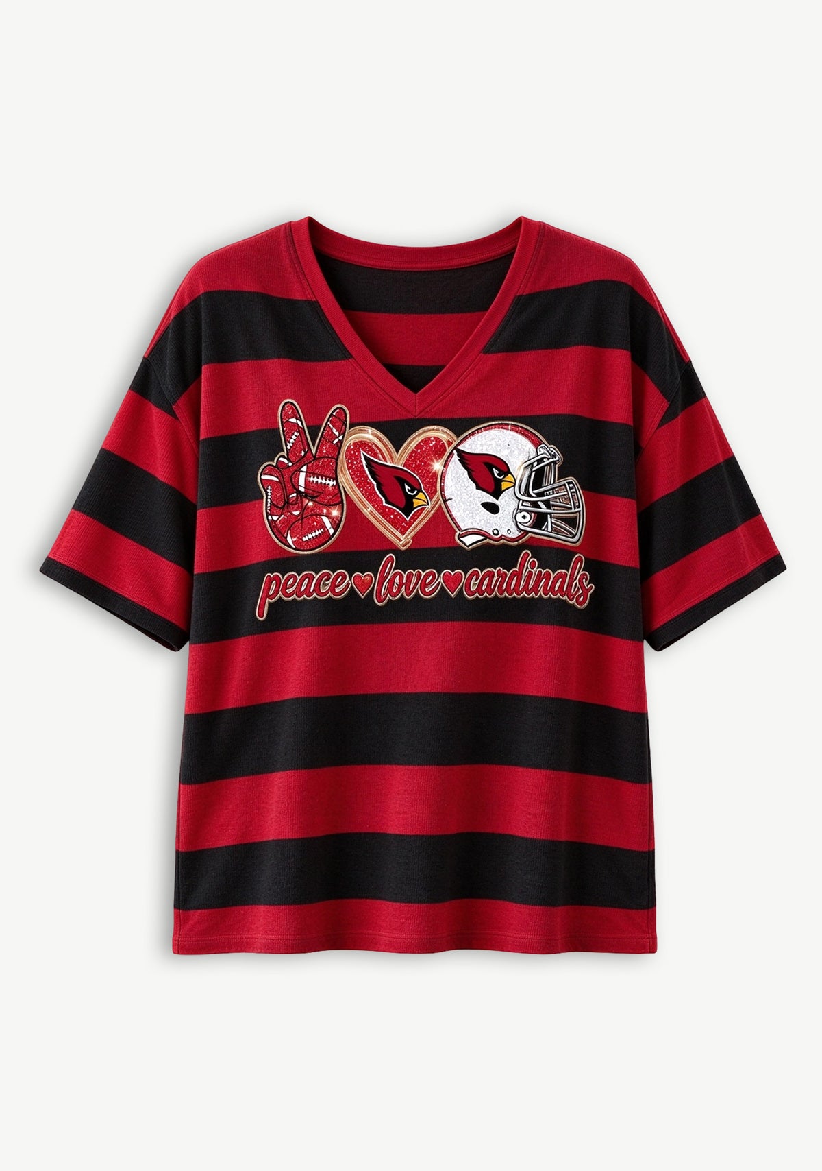 Women's Peace Love Arizona Cardinals Football Striped V Neck T-Shirt
