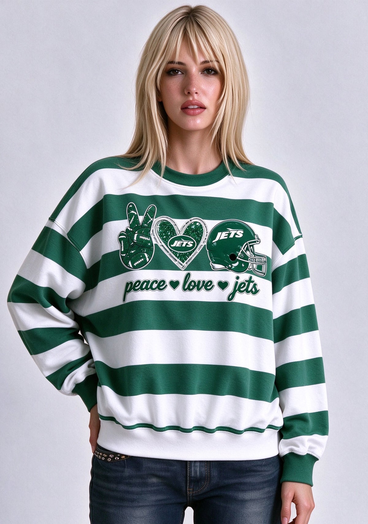 Women's Peace Love New York Jets Striped Crewneck Sweatshirt