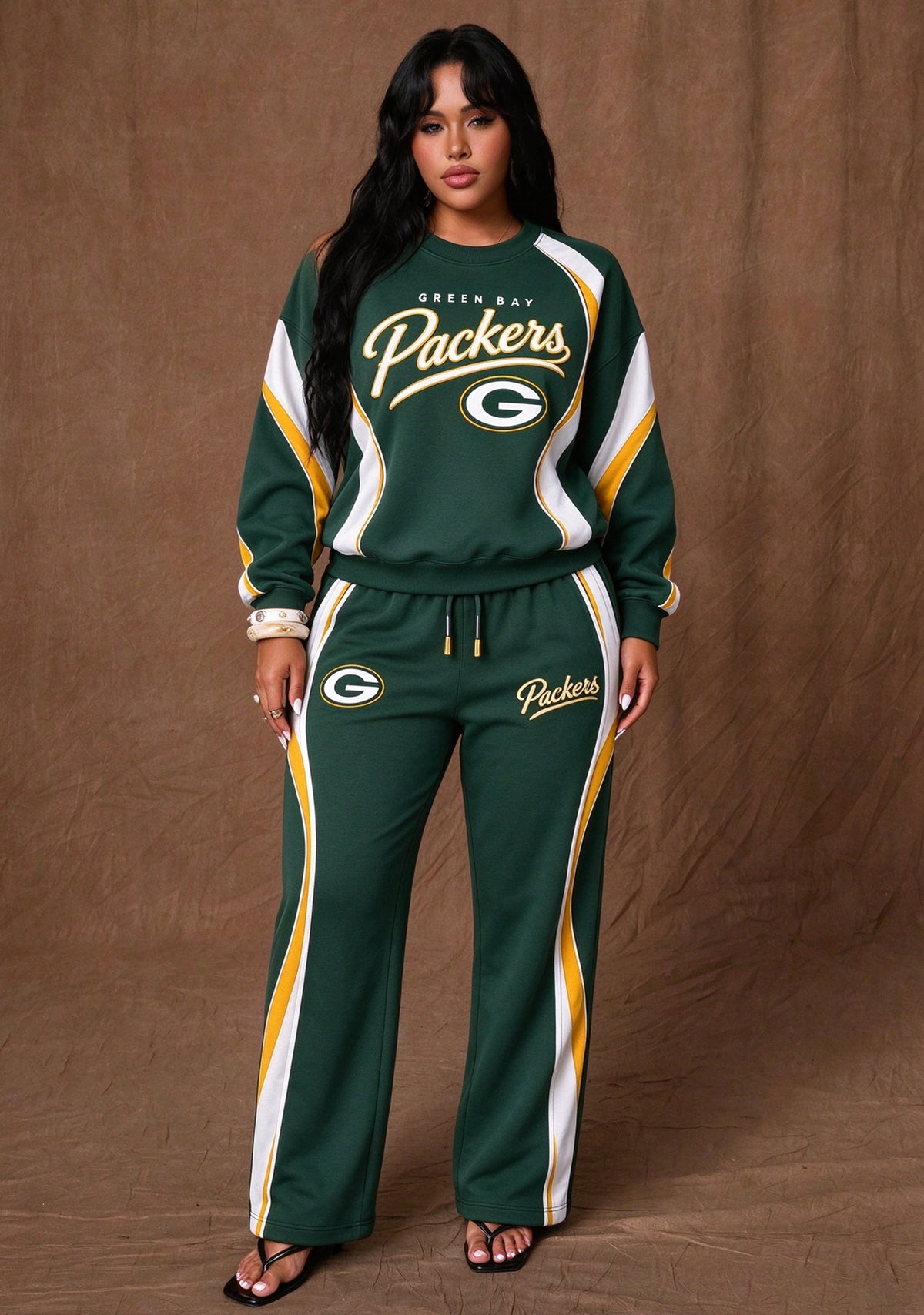 Women's Green Bay Packers Crewneck Sweatshirt & Flared Pants 2 Piece Set