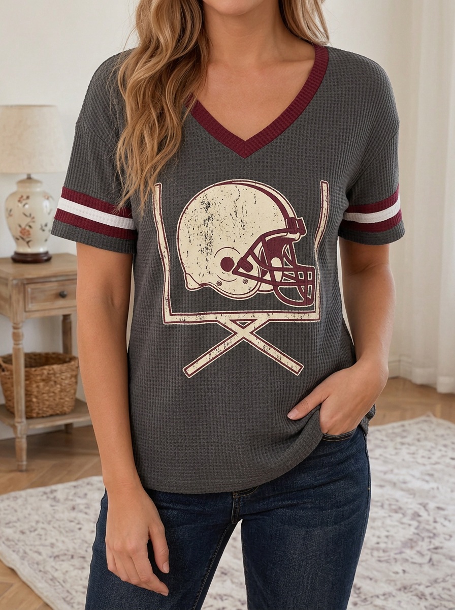Women's Football Fan Helmet Goalpost Printed Waffle Knit Top Main image